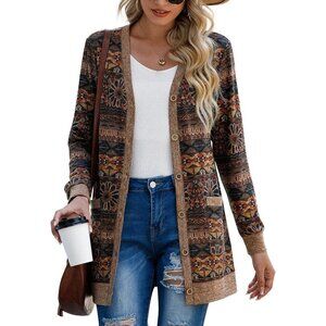 🆕Grecerelle Women Brown Open Front Button Down Ribbed Knit Lightweight Sweater